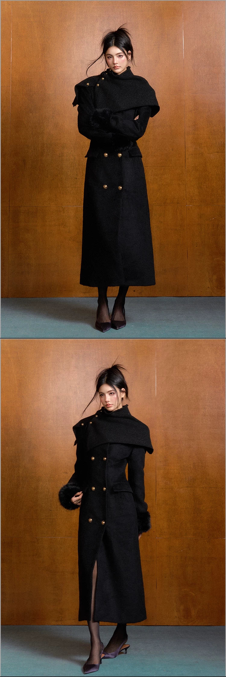 "Manor Elegance" Detachable Faux Fur Wool Coat & Knit Scarf Set