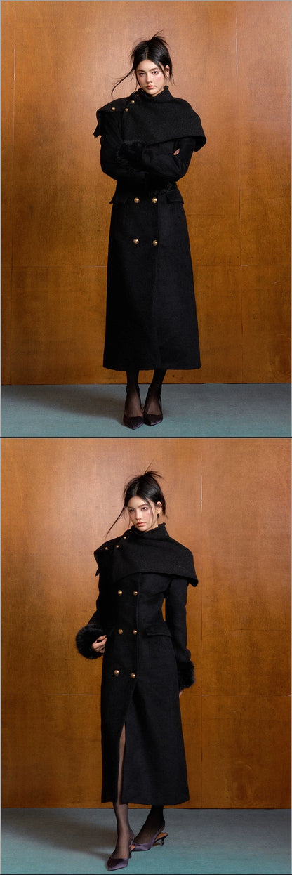 "Manor Elegance" Detachable Faux Fur Wool Coat & Knit Scarf Set