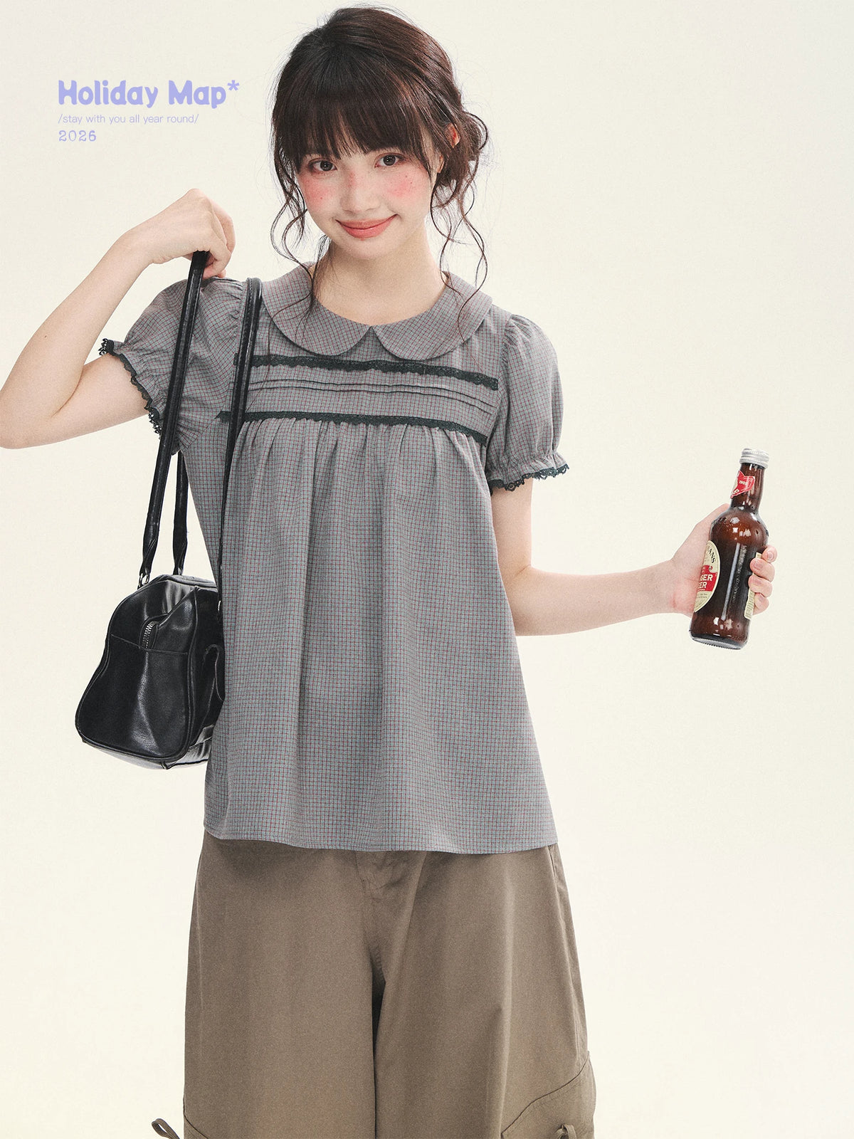 "Sweet Silhouette" Plaid Lace Trim Puff Sleeve Peter Pan Collar Blouse (Red Blue / Red White)