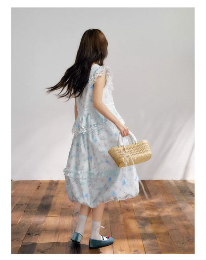 “Mint Blossom Isle” Blue Lace Trim Top & Bubble Hem Skirt