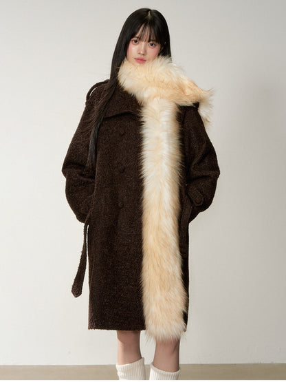 Soote Season - Deep Roast Brown Korean-Inspired Lady Collar Bouclé Long Wool Coat