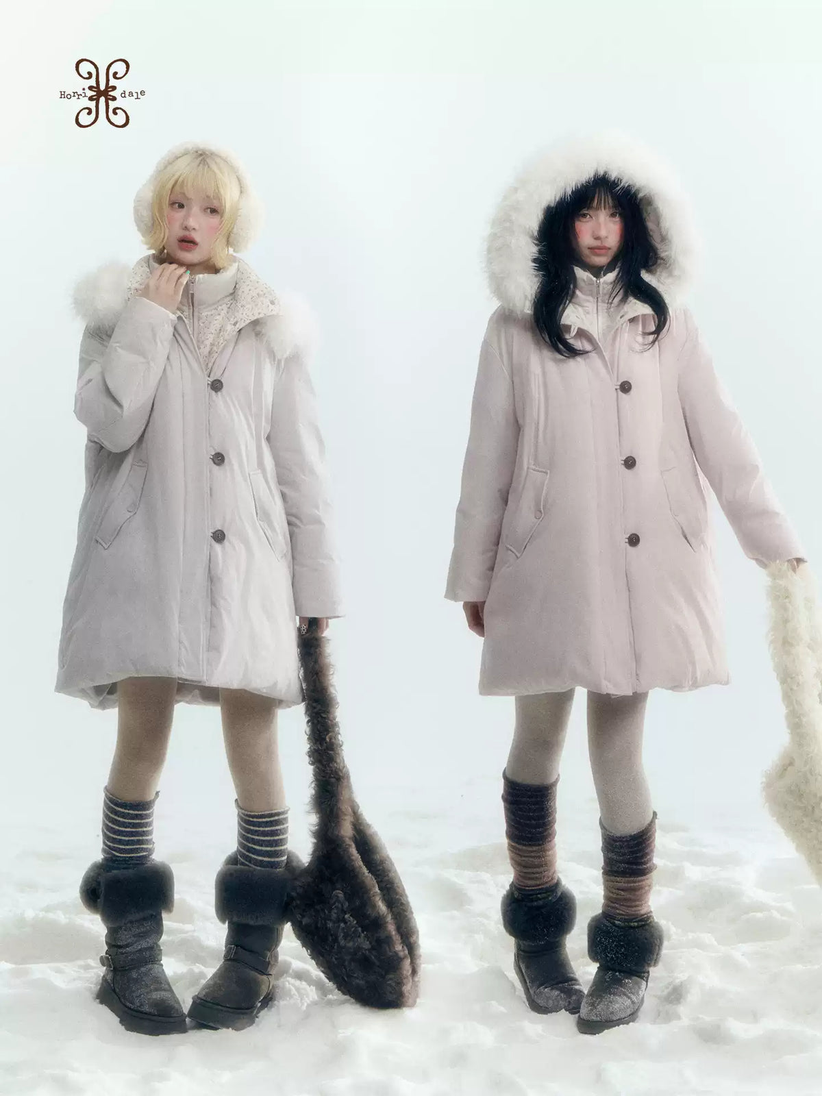 Horridale - Snow-Dusted Floral 90% White Duck Down Puffer Jacket (Light Peach Pink / Silver Gray)