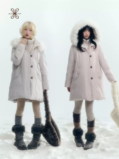 Horridale - Snow-Dusted Floral 90% White Duck Down Puffer Jacket (Light Peach Pink / Silver Gray)