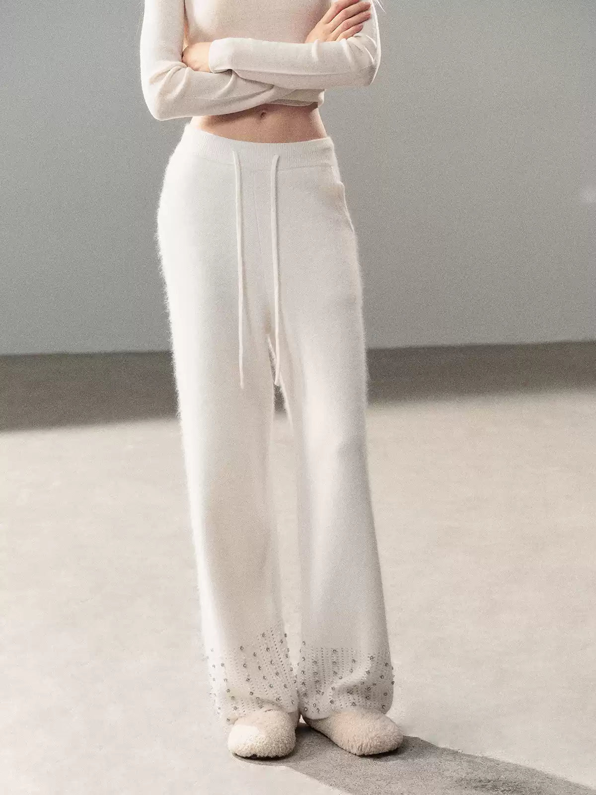 AOMALM - "Moonlit Silver" Bead-Detail Wide-Leg Knit Pants – Milky Beige White