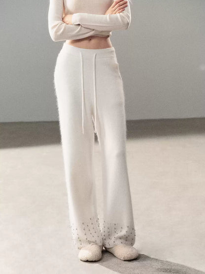 AOMALM - "Moonlit Silver" Bead-Detail Wide-Leg Knit Pants – Milky Beige White