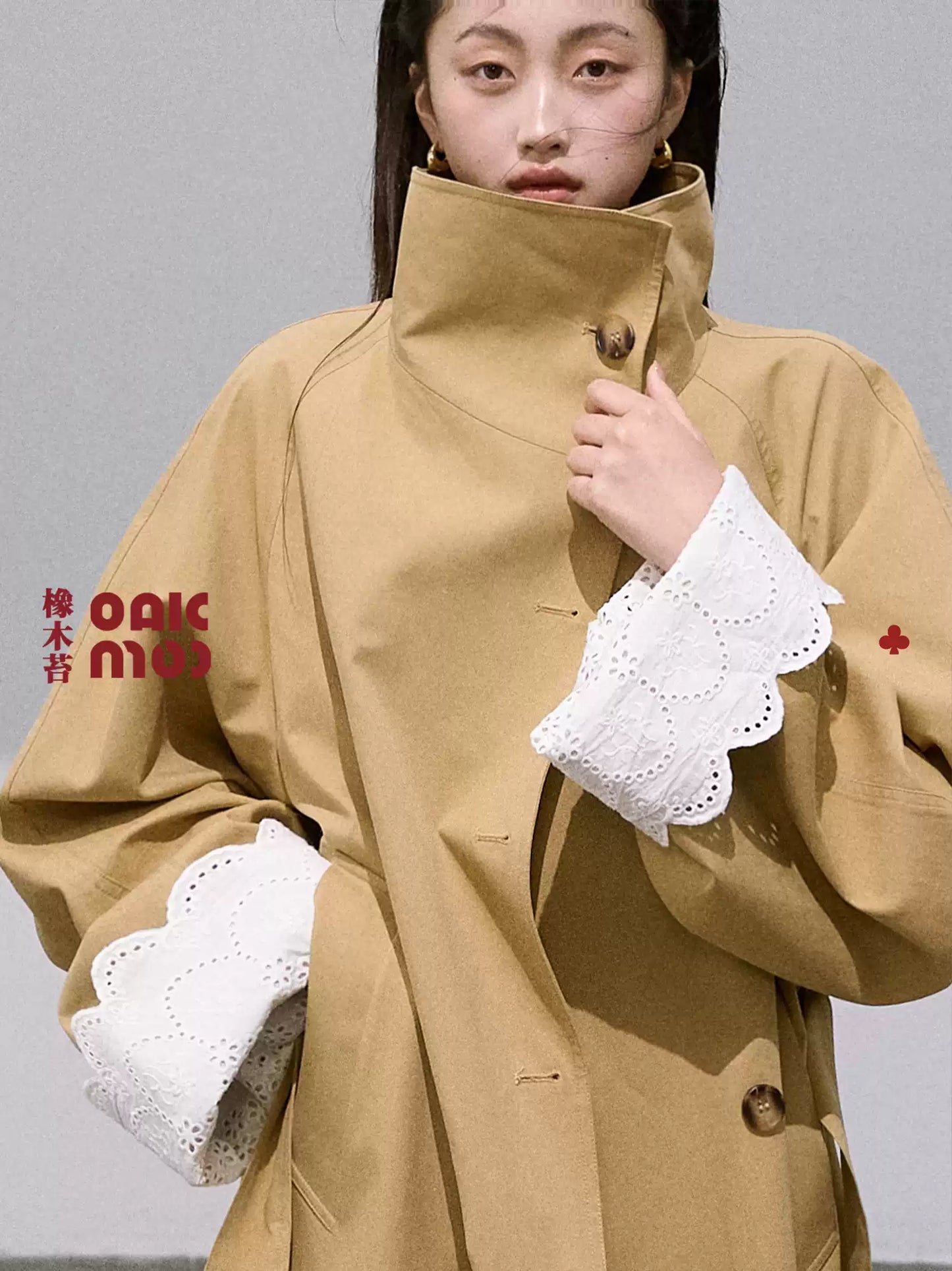 OAKMOO - "Grass Whisper" Oversized Long Trench Coat – Amber Khaki 25Q412