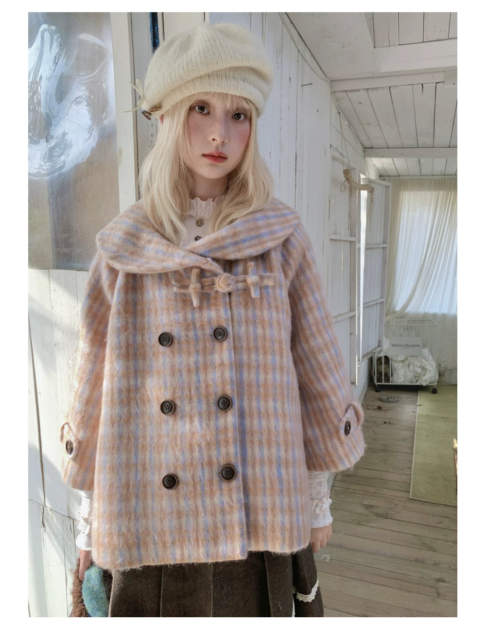 RF - Orange Plaid Cropped Cape Coat with Apricot Faux Fur Collar