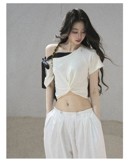 "Moonlight Upon Her" Creamy Apricot Off-Shoulder Twist Cropped T-Shirt
