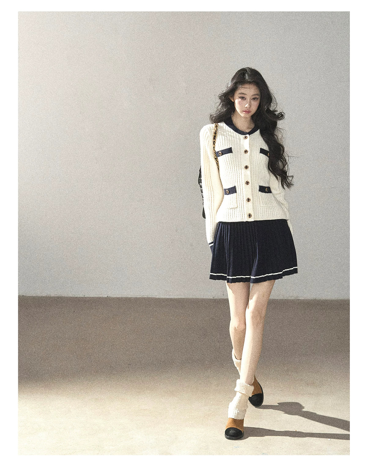 AOMALM - Creamy Off-White Cardigan & Navy Mini Skirt Set