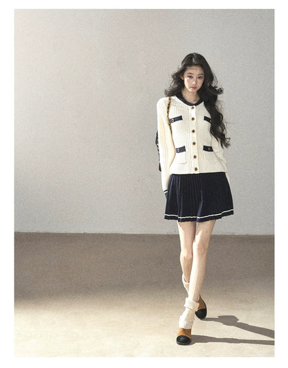 AOMALM - Creamy Off-White Cardigan & Navy Mini Skirt Set
