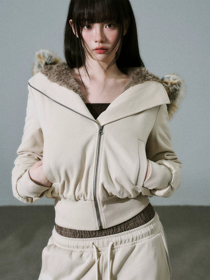 LOST FOREST - Milk Tea High-Waisted Fleece-Lined Sweatshirt Jacket