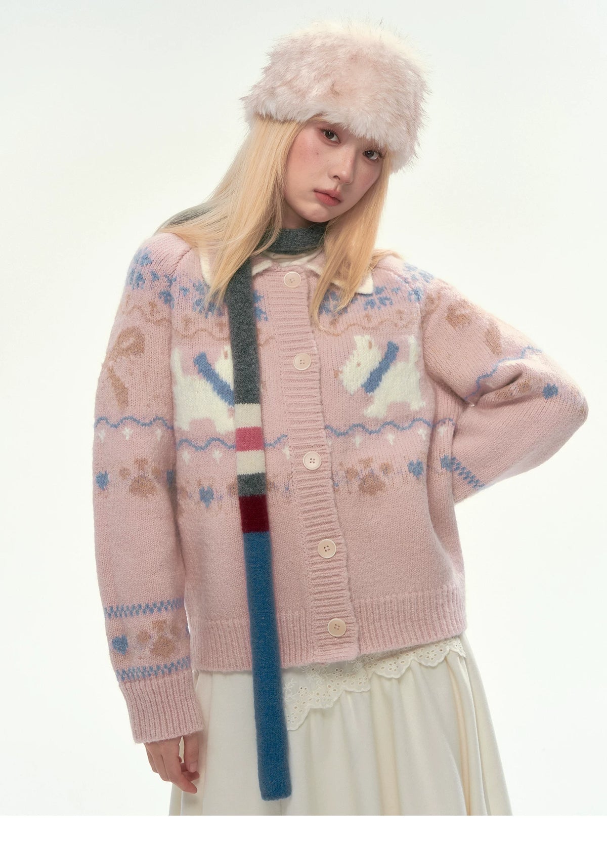 [CAN] Puppy Fair Isle Knit Sweater & Skirt Set (Gray / Pink)