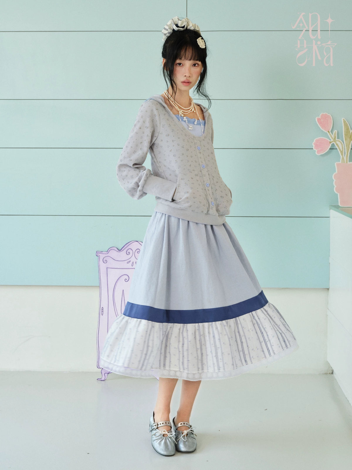 DAILY ARTIST - Light Blue Color-Block Floral Lace-Trim A-Line Skirt