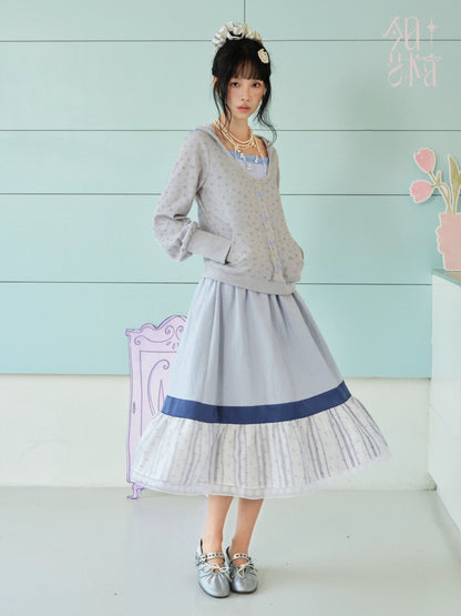 DAILY ARTIST - Light Blue Color-Block Floral Lace-Trim A-Line Skirt