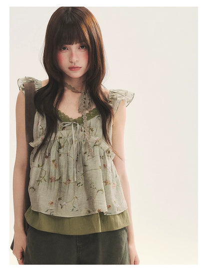 "Enchanted Forest" Moss Green Floral Lace Ruffle Cami Top