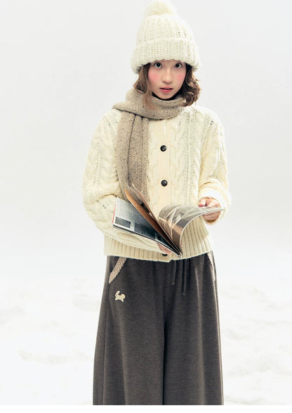 "Bunny Tea Party" Fleece-Lined Balloon Wide-Leg Pants (Hazelnut Brown/ Midnight Gray)