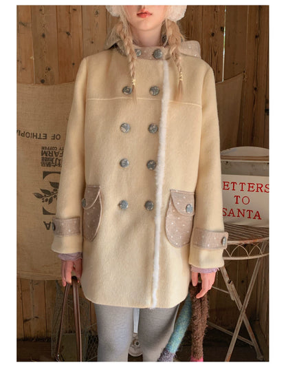 RF - Cream Yellow Hooded Wool-Blend Coat with Polka Dot Pockets