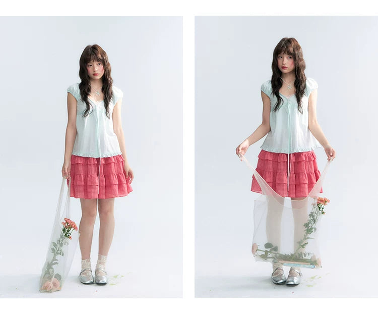 "Mint Morning Glow" Mint Green Lace Tie-Front Cardigan Blouse