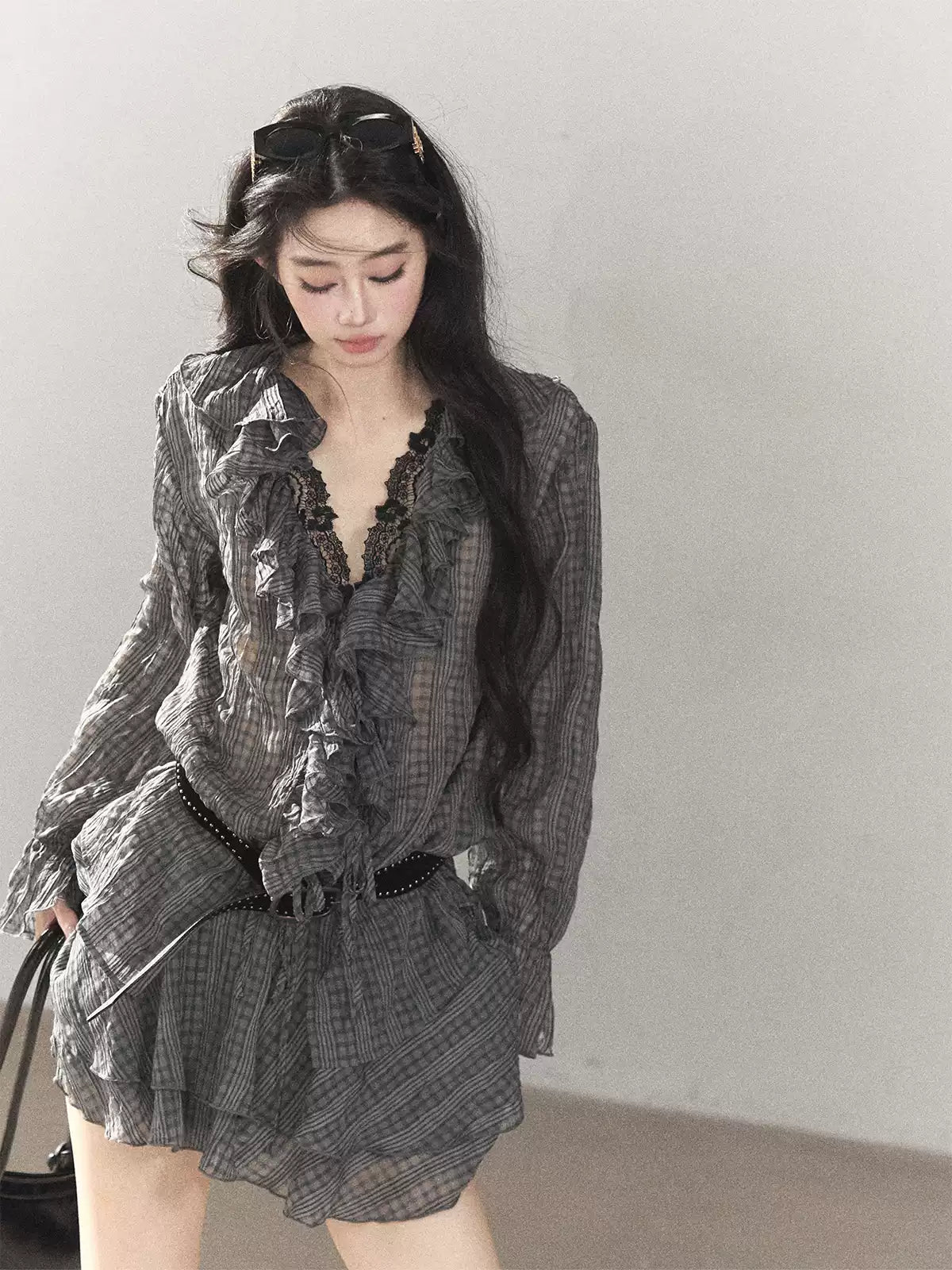AOMALM - "Gray Check & Wild Wind" Ruffle Top & Mini Skirt Set (With Belt)