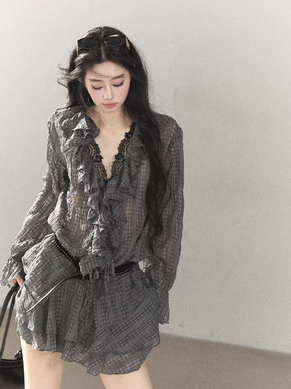 AOMALM - "Gray Check & Wild Wind" Ruffle Top & Mini Skirt Set (With Belt)