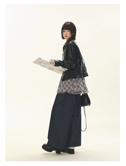"Venus Gallery" Black Ruffle Collar Cropped Faux Leather Jacket