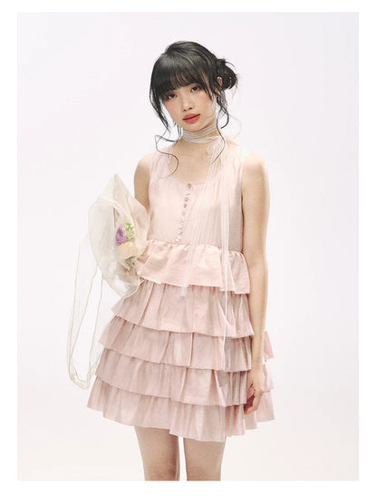 "Misty Pink Reverie" Petal Pink Lace Tie Tiered Sleeveless Dress
