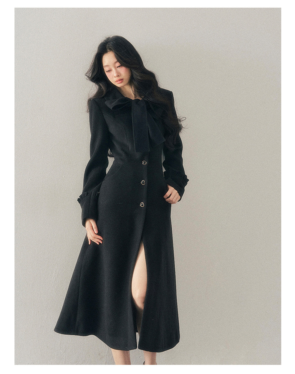 少也眼 "Snowfall Night" Wool-Blend Padded Coat – Rock Black Bow Edition