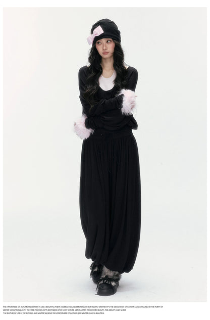 24olvides - Layered-Look U-Neck Sweater with Detachable Faux Fur Cuffs