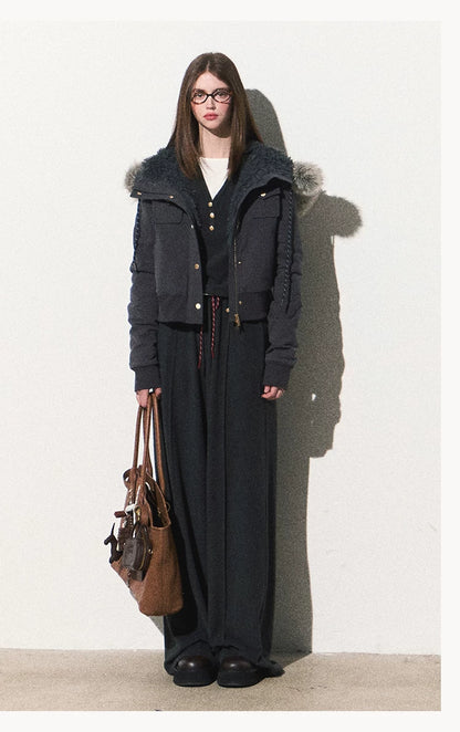 OAKMOO/ "Energy & Freedom" Mocha Gray Fur-Collar Cropped Hoodie Jacket