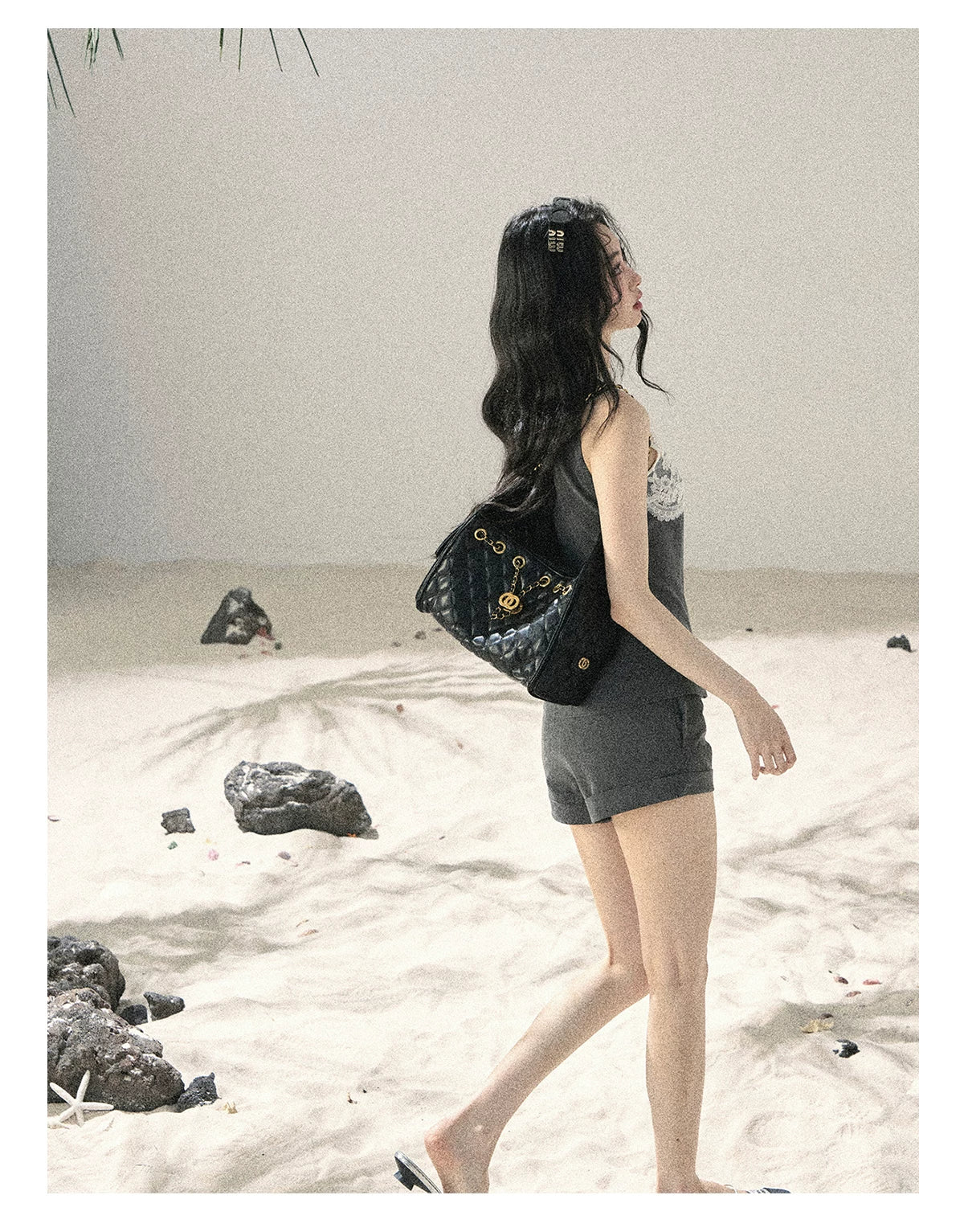 "Blossoms Through the Mist" Moon Mist Gray Lace Top & Tailored Shorts Two-Piece Set