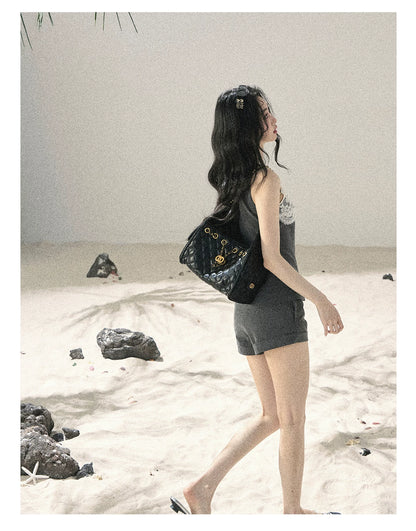"Blossoms Through the Mist" Moon Mist Gray Lace Top & Tailored Shorts Two-Piece Set