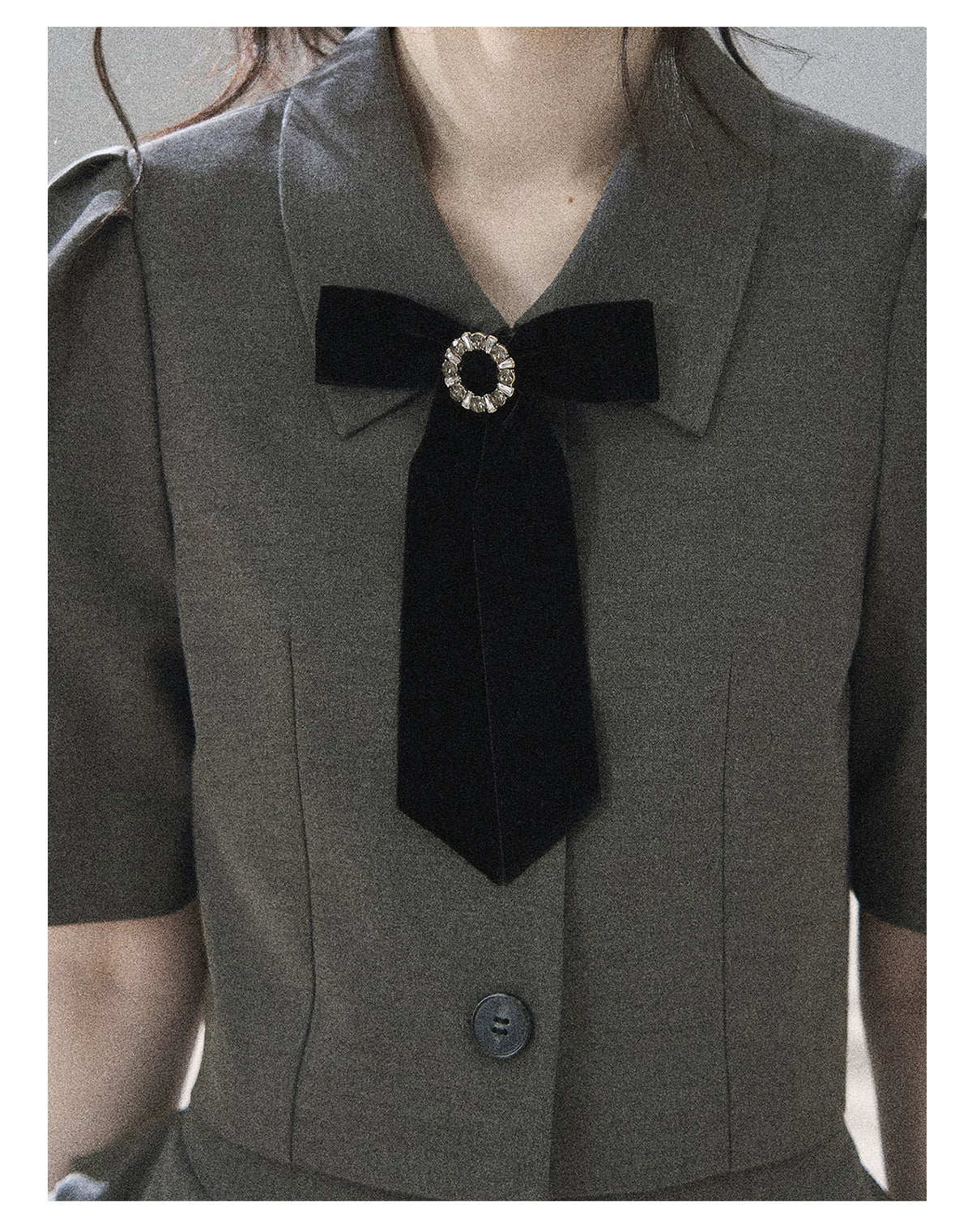 "Paris Afternoon" Slate Gray Bow Top & A-Line Mini Skirt Two-Piece Set