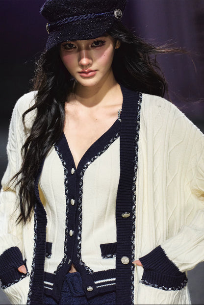 Contrast Knit Cardigan, V-Neck Tank & A-Line Skort Three-Piece Set