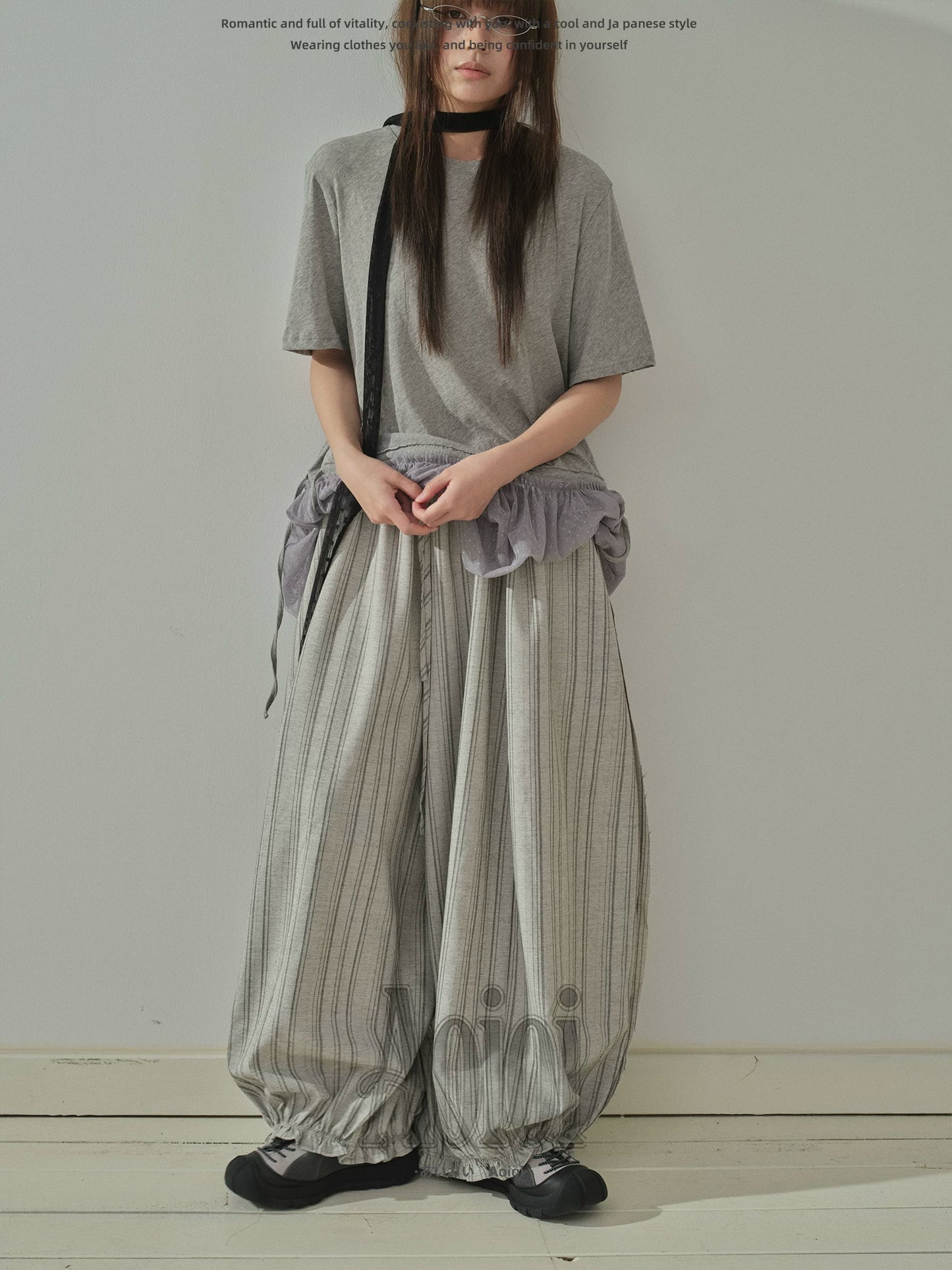 "Vintage Drift" Gray Striped Balloon Wide Leg Trousers