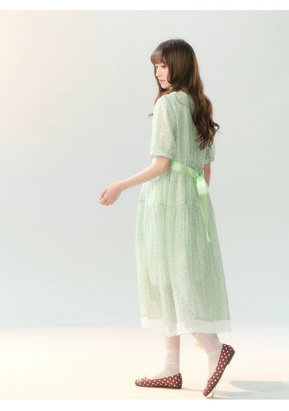"Hyacinth Ballad" Sage Green Polka Dot Tiered Dress LL2026210