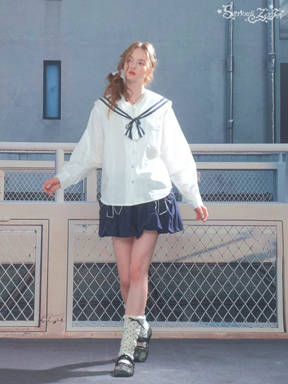 ZiziFei - Navy Collar Lace-Trimmed Long Sleeve Blouse