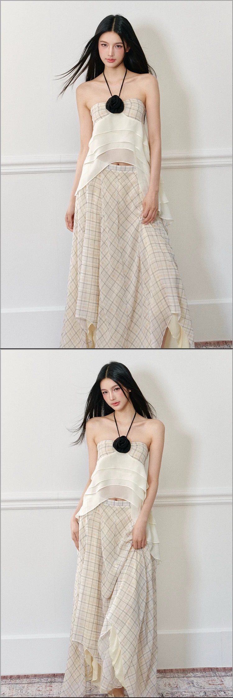 "Rose by the Sea" Rose Halter Top & Asymmetrical Plaid Maxi Skirt Set