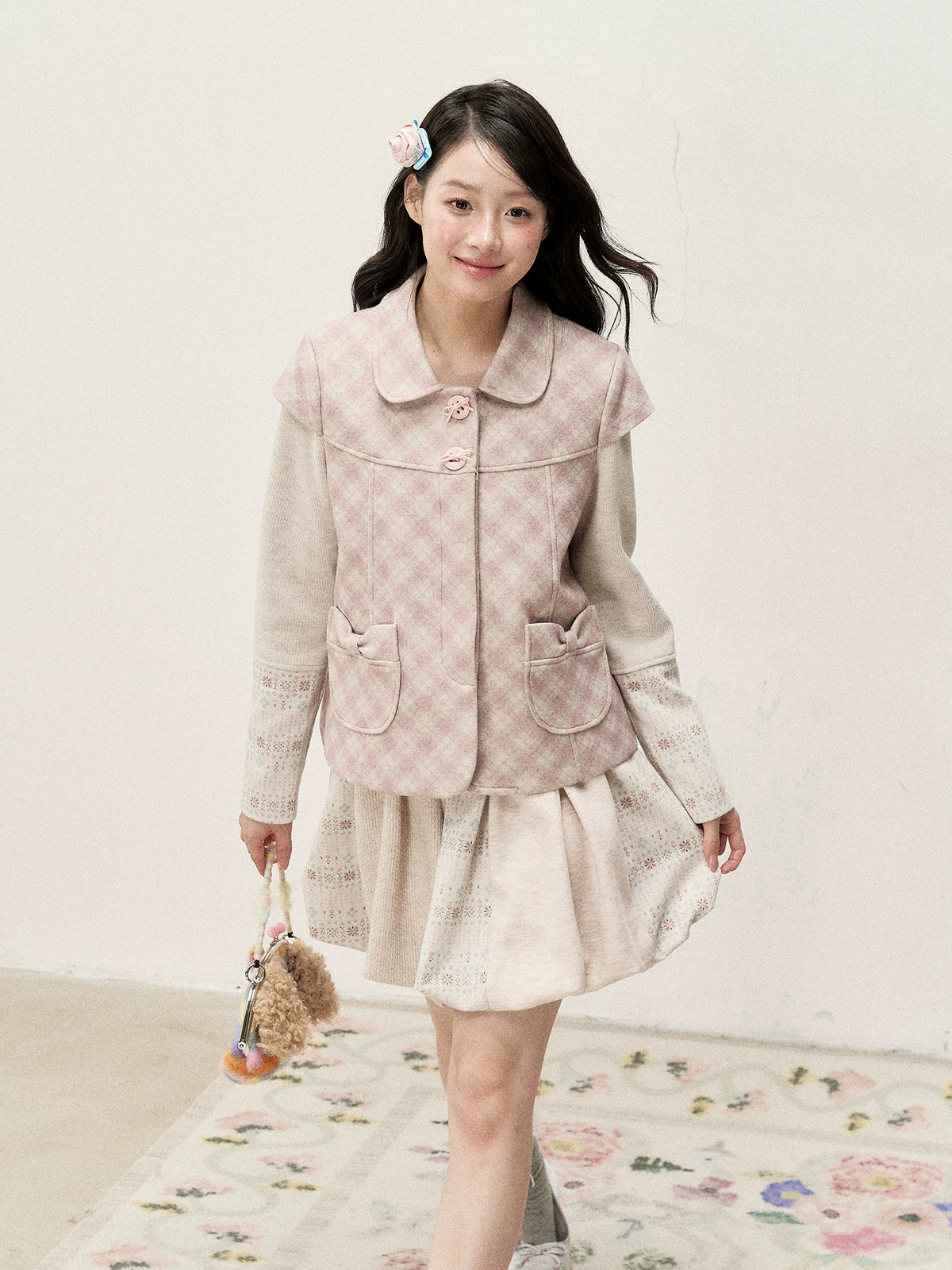 [RF] Pink Gingham Wool Blend Cropped Coat with Peter Pan Collar