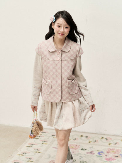 [RF] Pink Gingham Wool Blend Cropped Coat with Peter Pan Collar