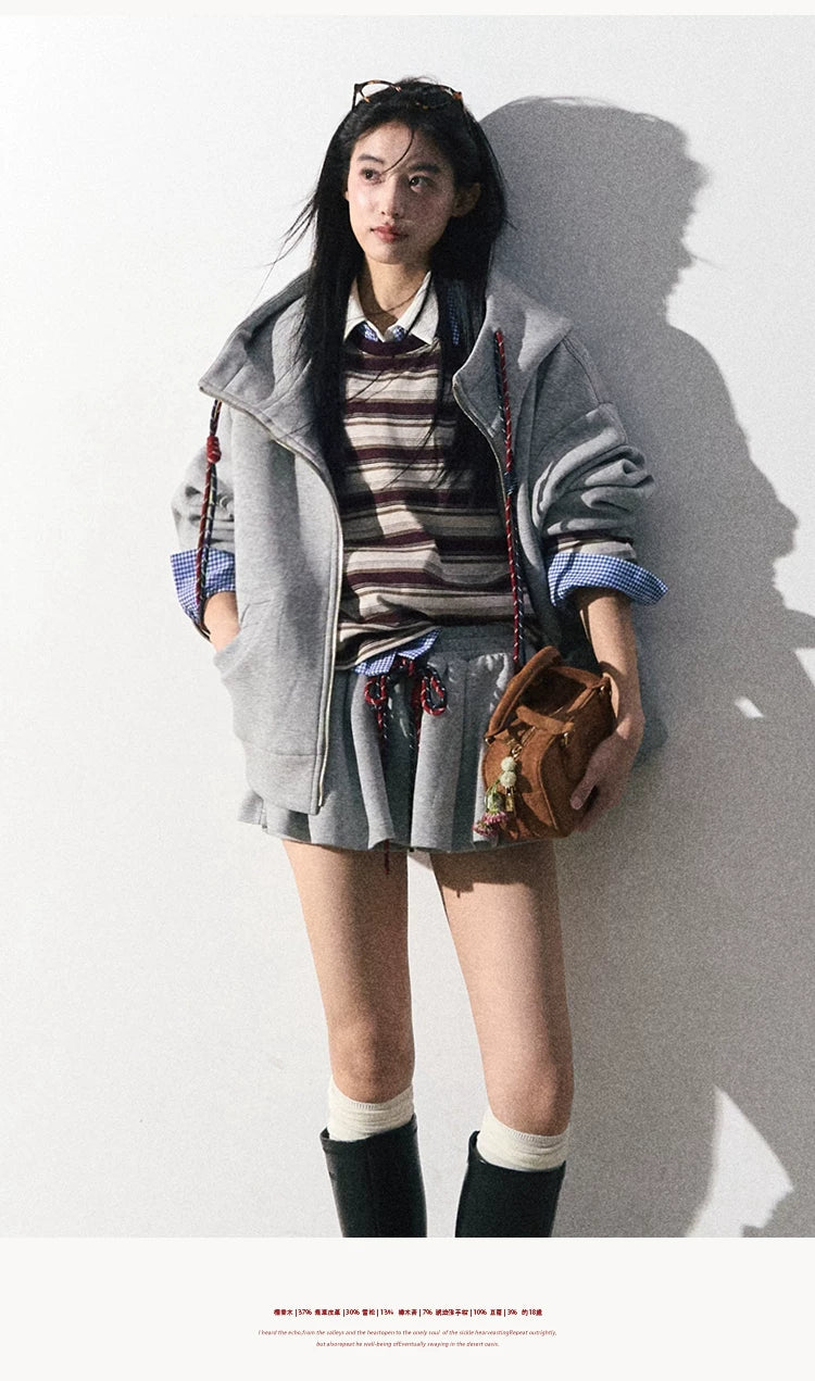 OAKMOO/ "A Trace of Self" Light Heather Gray Miu-Inspired Sporty Hoodie & Skirt Set
