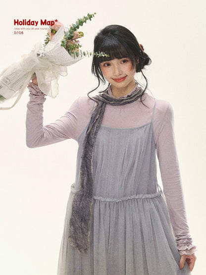 "Morning Veil" Morning Mist Purple Tiered Mesh Slip Midi Dress