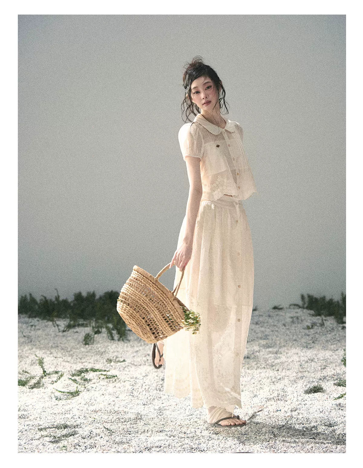 "Apricot Blossom After Rain" Dutch Cheese Lace Blouse & Maxi Skirt Set 532453