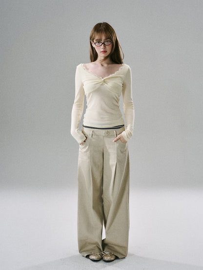 LOST FOREST - Lace Twist-Font Fitted Top (Cream White / Goose Yellow)