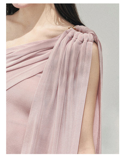 “Sunset Coral” Asymmetrical Ribbon Sleeve Crop Top