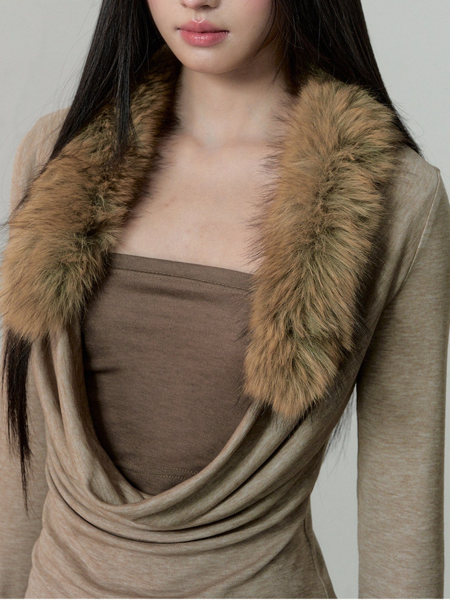 Soote Season - Oatmeal Faux Two-Piece Draped Fur-Collar Knit Base Top