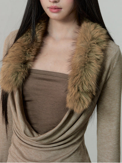 Soote Season - Oatmeal Faux Two-Piece Draped Fur-Collar Knit Base Top