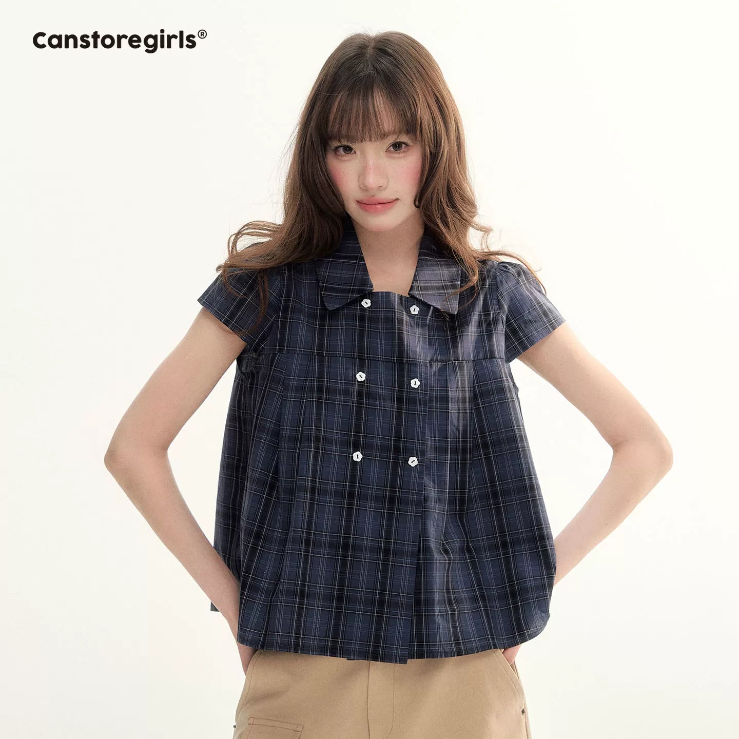 Preppy Plaid Double-Breasted Puff Sleeve Shirt LL2026007