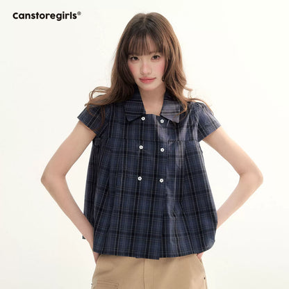 Preppy Plaid Double-Breasted Puff Sleeve Shirt LL2026007