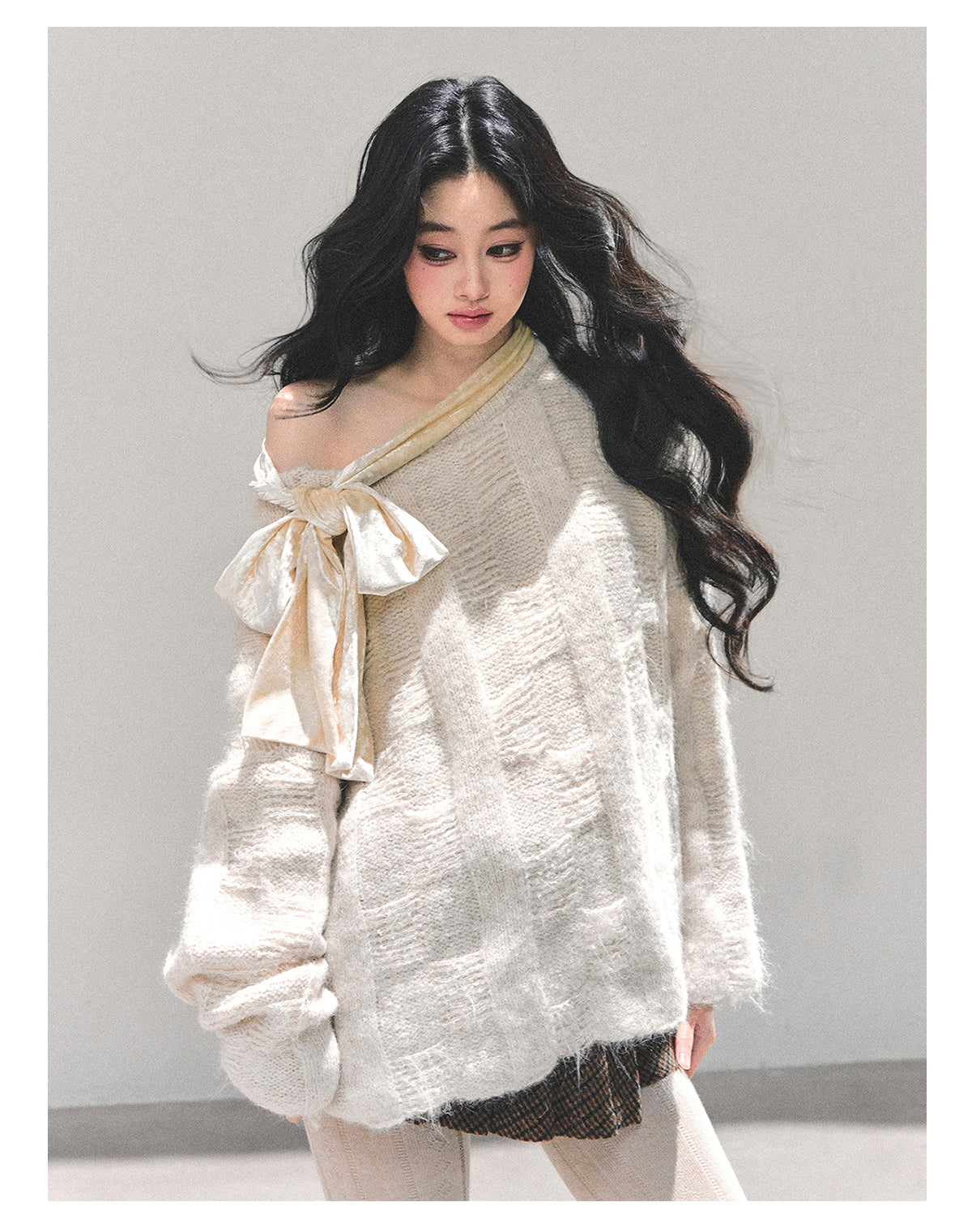 少也眼 "She Walks Through Morning" Bow-Knit Off-Shoulder Sweater - Almond Beige 58634584