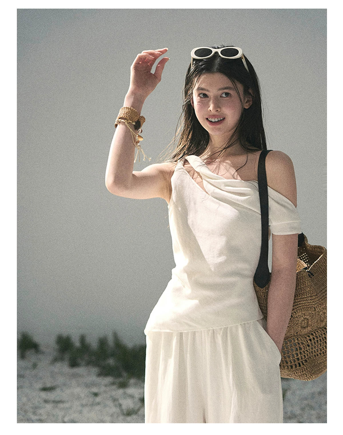 “Cloud Threads Falling at the Shoulder” Ivory Linen-Blend Two-Piece Set